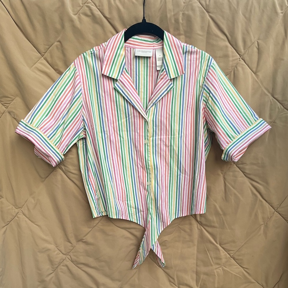 LIZ CLAIBORNE | Rainbow Stripped Tie Front Button Up Shirt